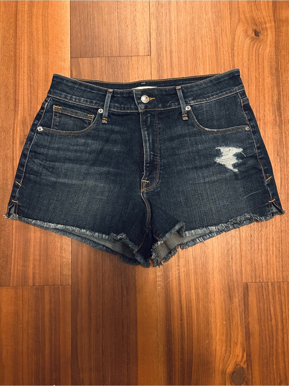 Good American Dark Wash Distressed Frayed Hem Jean Shorts